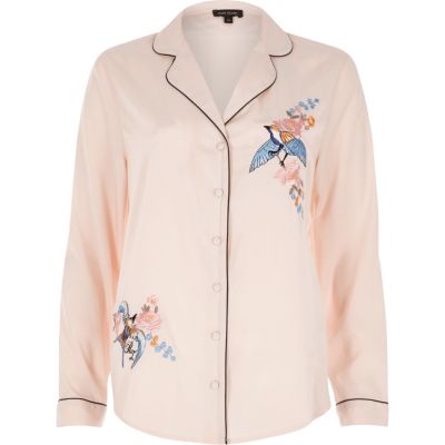 Pink embroidered bird pyjama shirt